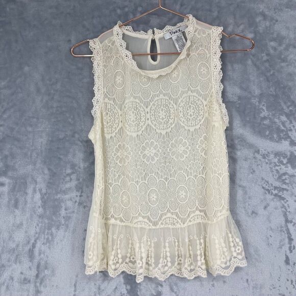 Pinky Top Small Ivory Sheer Mesh Lace Overlay Lined Peplum Hem Sleeveless Dainty - Picture 1 of 11